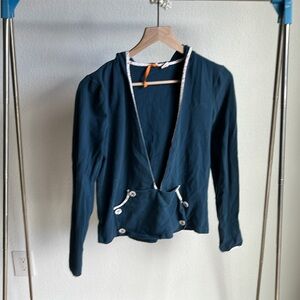Anthropologie Stylish Blue Hoodie – Floral Trim & Fun Pockets
